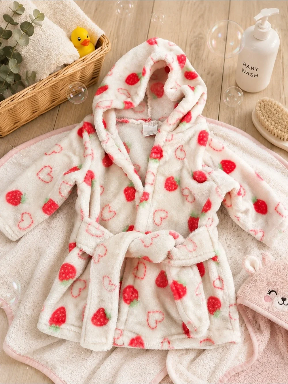 Carter's Cream Plush Hooded Plush Robe with Red Strawberry Print